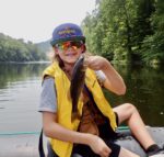 Owen Mangold, age 12,  of Morgantown, W.Va. with his first smallmouth, a fish caught during his first fishing trip on the Cheat River in Preston County, W.Va. 
