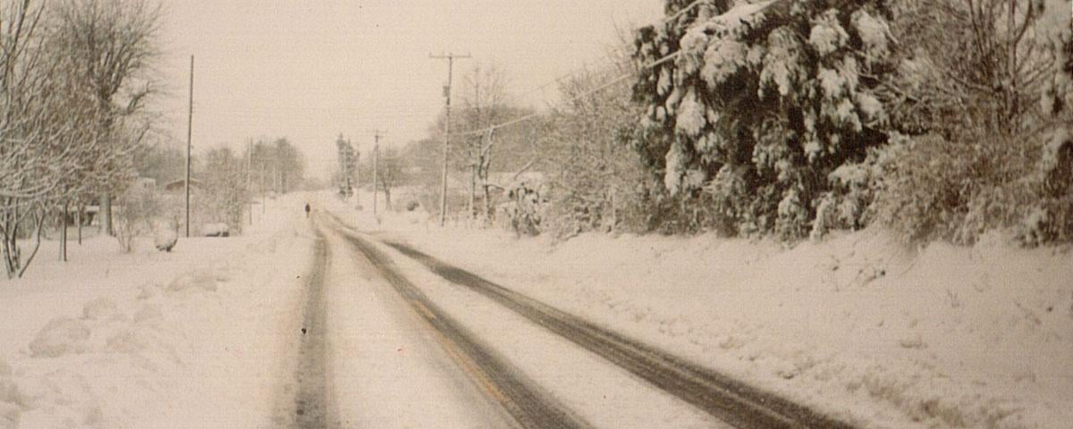 Deep snow on a mountain road in western North Carolina, March 1993
