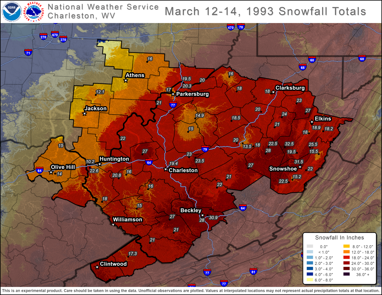 Snowfall totals for March 12-14, 1993, across the National Weather Service Charleston coverage area